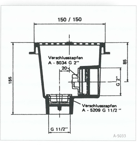 Bodenablauf quadratisch für Betonbecken mit Gitter in Kunststoff